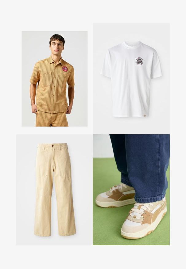 Camisa de botones de manga corta en tejido color marrón claro con rayas verticales verdes y dos bolsillos en el pecho. Presenta un parche de logo circular rojo.; Camiseta de algodón blanca con un logo redondo en el pecho. Cuello redondo, mangas cortas, corte relajado, con acentos en rojo y negro.; Pantalones de pierna ancha beige de algodón. Cuentan con una cintura alta, dos bolsillos frontales de diseño plano y un cierre de un botón.; Zapatilla beige y blanca con parte superior texturizada, acentos de ante, suela gruesa y cierre de cordones. Llevada con unos pantalones de mezclilla azul.