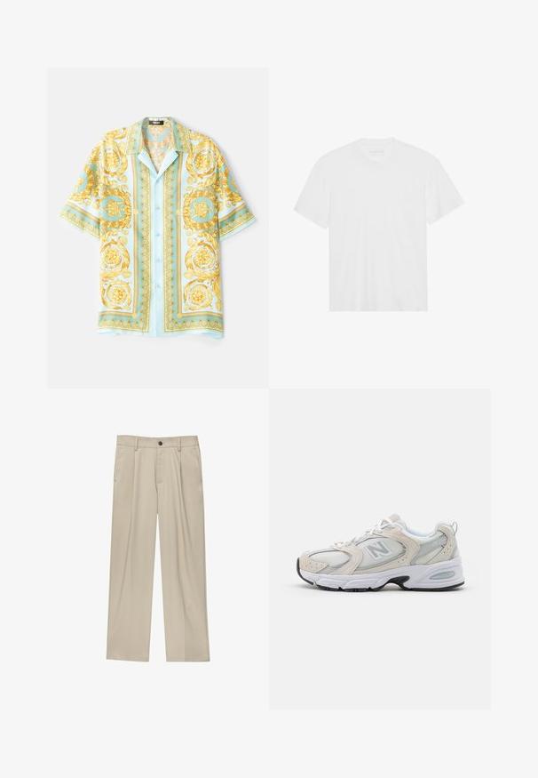 Lichtblauw kortemouwen shirt met sierlijke gouden barokpatronen, knopen aan de voorkant en een relaxte fit. Soepele stof met een glanzende textuur.; Witte katoenen t-shirt met korte mouwen, ronde hals en rechte zoom. Gladde textuur, minimalistisch ontwerp zonder patrons of accenten.; Beige broek met een rechte snit, voorzien van een enkele zwarte knoop, riemlussen en zijzakken. Glad stoffen textuur en een minimalistisch ontwerp.; Atletiekschoen met een lichtgrijs mesh bovenwerk en suede accenten, witte veters en een zwarte rubberen zool. Opvallend ABZORB dempingdetail.