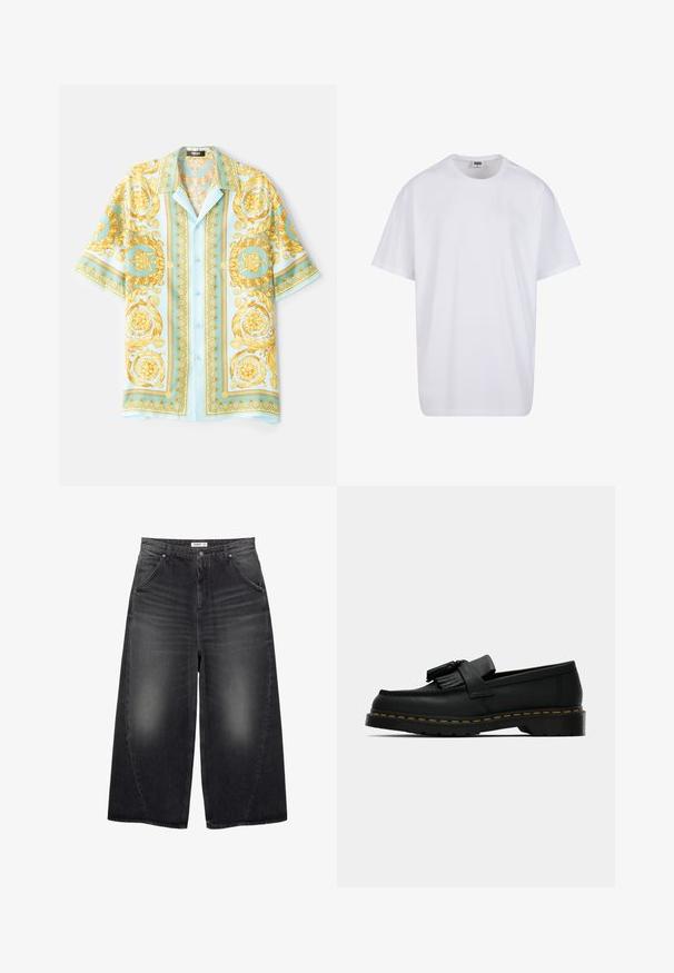 Cămașă scurtă cu mâneci scurte, de culoare albastră deschisă, cu modele baroce ornate de aur, cu butoane la față și o croială relaxată. Țesătură netedă cu un aspect lucios.; Tricou alb din bumbac cu mâneci scurte, decolteu rotund, croială lejeră și fără logo-uri sau modele vizibile. Textură netedă și design minimalist.; PULL&BEAR MEGA BAGGY - Blugi largi - black; Mocasini negri din piele cu ciucuri, cusături galbene pe marginea tălpii și o talpă exterioară groasă, zimțată din cauciuc.