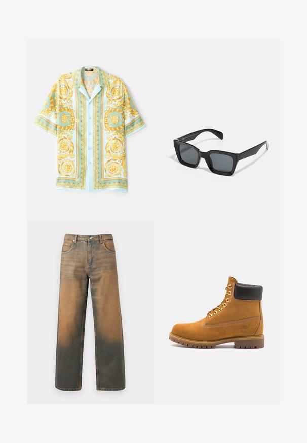 Camisa de manga corta de color azul claro con elaborados patrones barrocos en dorado, con botones en la parte delantera y un corte relajado. Tejido suave con una textura brillante.; Jeans de pierna ancha en denim azul y marrón desgastado. Presentan una cinturilla alta, bolsillos delanteros y un cierre de botón clásico con acentos metálicos.; Botín de ante marrón claro con collar acolchado negro, ojales de metal dorado, detalles de costura blanca y suela de goma resistente con tacos pronunciados.; Gafas de sol rectangulares negras con lentes oscuros. Montura de plástico con un acabado brillante, que cuenta con un puente ancho y brazos ligeramente cónicos.