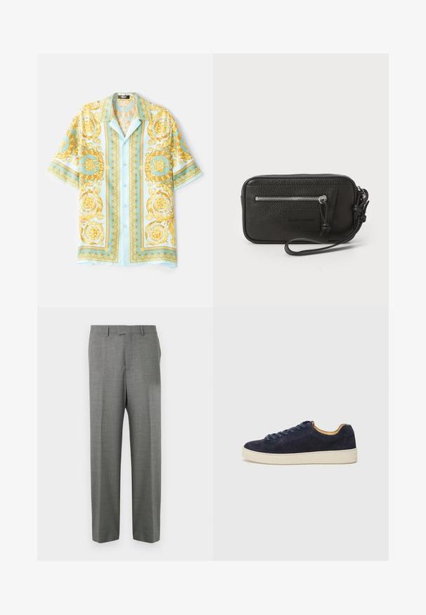 Gaiši zils īsais piedurkņu krekls ar greznām zelta baroka rakstiem, pogu aizdare priekšā un brīvs piegriezums. Gluda auduma ar spīdīgu tekstūru.; Pelēkas bikses no teksturētas auduma, ar taisnu kāju piegriezumu un gludu priekšpusi, ar jostas cilpām un bez redzamām kabatām.; Jūras spēku zamša zemas tenisa kurpes ar noapaļotu purngalu, off-white gumijas zoli un saskaņojošām šņorēm; iekļauj kontrastējošu brūnganu iekšējo izšuvumu.; Melnas ādas clutch soma ar teksturētu virsmu, priekšējo rāvējslēdzēja kabatu un noņemamu roku siksnu. Iekļauts logotipa uzlikums priekšpusē. Taisnstūra forma.