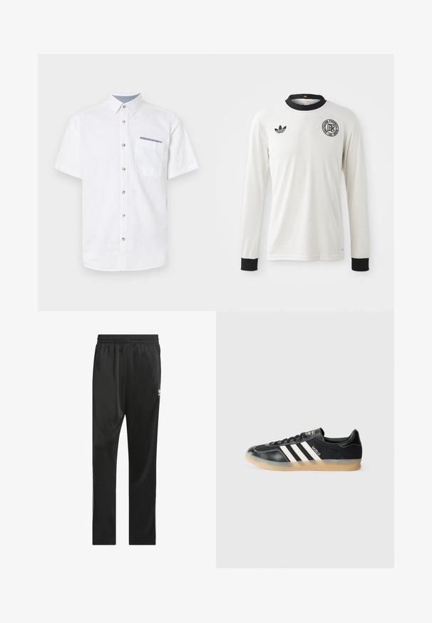 Camicia bianca a maniche corte in cotone, con apertura frontale a bottoni, bottoni marroni e taschino sul petto con un accento blu.; Maglietta da calcio a maniche lunghe bianca con texture a costine, colletto e polsini neri, con logo Adidas nero e emblema grafico circolare.; Pantaloni sportivi neri realizzati in materiale liscio e leggero. Presentano una vita elastica e strisce laterali bianche con un logo sulla coscia.; Sneaker sportivo nero con strisce bianche, tessuto texturizzato, punta in pelle liscia e suola in gomma naturale. Presenta il logo sulla linguetta.