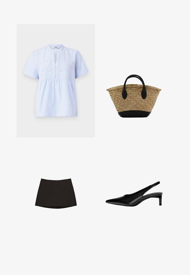 Light blue short-sleeve blouse with white vertical stripes, featuring an embroidered floral pattern on the yoke and button closure.; Black mini skirt with a straight cut and slight side slit. Made from smooth fabric, featuring a clean hem and minimalist design.; Black leather slingback shoe with a pointed toe, low heel, and cut-out design on the sides. Smooth texture with a sleek appearance.; Woven straw basket with a flared shape, featuring a black leather base and handles. Textured natural fibers with smooth black accents.
