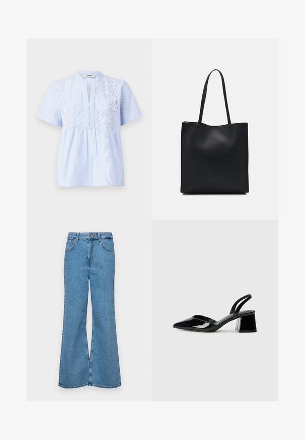 Blusa de manga curta azul clara com riscas verticais brancas, apresentando um padrão floral bordado no pescoço e fecho de botão.; Jeans de brim azuis claros, com corte à boca de sino, apresentando uma cintura alta, cinco bolsos e um fecho de botão único. Textura macia com acabamento desbotado.; Sandy em verniz preto com salto slingback, ponta afilada e salto geométrico. Apresenta um design elegante e minimalista com textura suave.; Bolsa tote preta em couro com textura lisa, forma retangular e duas alças longas. Sem hardware ou enfeites visíveis.