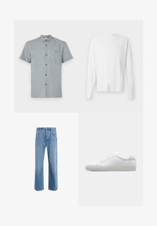 Košile s krátkým rukávem a límečkem v světle šedé barvě s texturovaným vzorem. Má náprsní kapsu a tmavé knoflíky.; Bílá bavlněná košile s dlouhým rukávem a kulatým výstřihem, s bočními rozparky na spodní části a hladkým povrchem, vystavená zezadu.; Světle modré džínové kalhoty s rovnými nohavicemi, pěti kapsami, zapínáním na knoflík, minimálním vyblednutím a kontrastním prošitím.; Bílé tenisky s hladkým koženým svrškem a nízkým profilem. Mají zaoblenou špičku, šest nýtů a texturovanou gumovou podrážku.