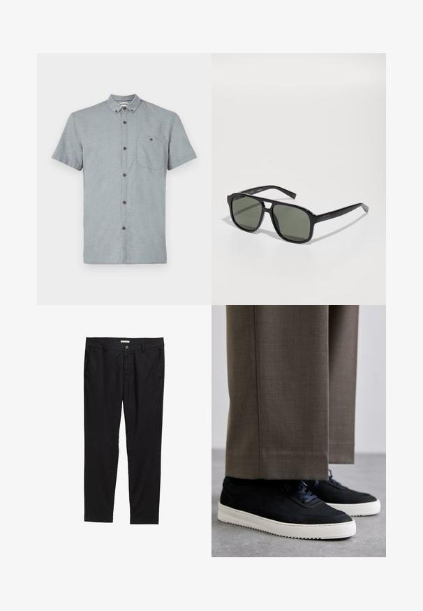 Lühikeste varrukatega, kraega särk heledast hallist kangast, millel on tekstuurne muster. Omab rinnaosa taskut ja tumedaid nuppe.; Mustadest kangast püksid, millel on sile pind, nup closure, kaks esimest taskut ja kohandatud sobivus.; Mustad suleed sneakers valge kummist tallaga, ümarate varvaste ja paeltega, kantud hallide ülikonna pükste kõrval.; Mustad mustad prillid roheliste läätsedega, läikiv raami, metallist detailide ja kuldse logo aktsendiga templis.