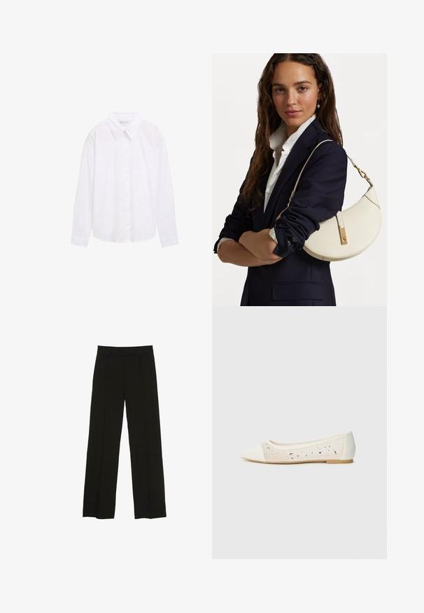 Hvid skjorte med knapper, kravehals, struktureret prikmønster og lange ærmer, lavet af letvægts bomuldsstof.; Sorte brede bukser lavet af et glat stof, med en tætsiddende talje og subtile frontfolder for ekstra tekstur.; Spidse flade sko i cremefarvet læder med gennemsigtig overdel prydet med spredte rhinsten. Blød sål for komfort, minimalistisk design.; Hvid læderhandbag med en buet form, guldfarvet hardware og en tekstureret overflade, båret over en mørk blazer og hvid skjorte.