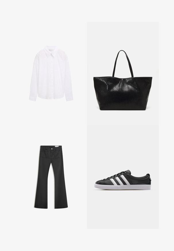 Biała koszula z guzikami, z kołnierzykiem, z teksturowanym wzorem w kropki i długimi rękawami, wykonana z lekkiej bawełnianej tkaniny.; Czarne dżinsy w fasonie z dzwonami, wykonane z denimu o gładkiej teksturze, z dwiema tylnymi kieszeniami i zapięciem na guzik w talii.; Czarny skórzany tenisówka z białym wzorem trzech pasków, okrągłym noskiem, płaską białą gumową podeszwą i detalem z logo po boku.; Czarna pleciona torba na ramię z dwoma mocnymi uchwytami, charakteryzująca się błyszczącą powierzchnią i przestronnym otwartym topem.