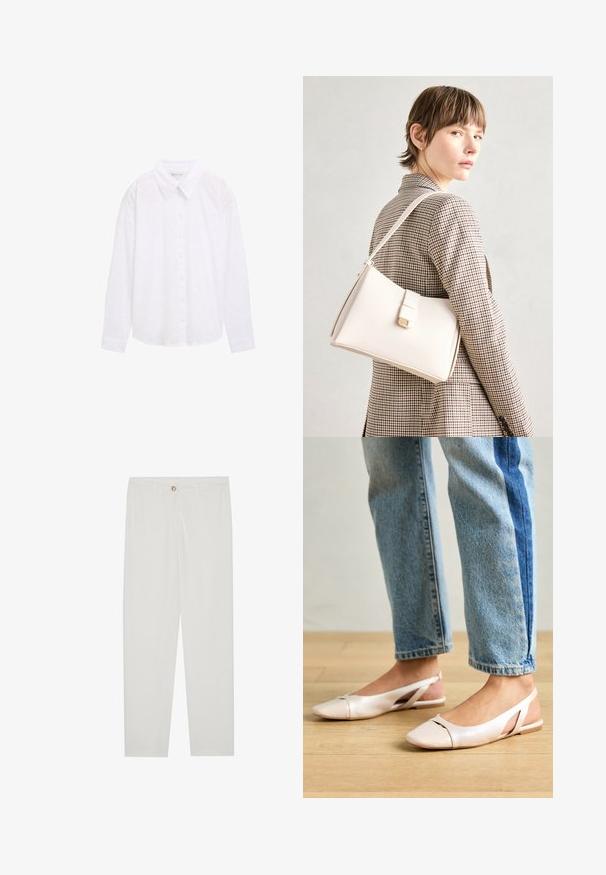 Chemise blanche à boutons avec un col, motif à pois texturé et manches longues, en tissu de coton léger.; Pantalon blanc sur mesure avec une coupe droite, doté d'une fermeture à bouton, de passants de ceinture et de poches latérales ; texture de tissu lisse.; Ballerines slingback rose pâle avec un bout pointu, fabriquées en un matériau semblable au cuir lisse. Présentent des découpes sur les côtés et un talon plat.; Sac à main en cuir blanc au design structuré, doté d'un fermoir magnétique et d'une bandoulière, présenté sur un fond neutre.