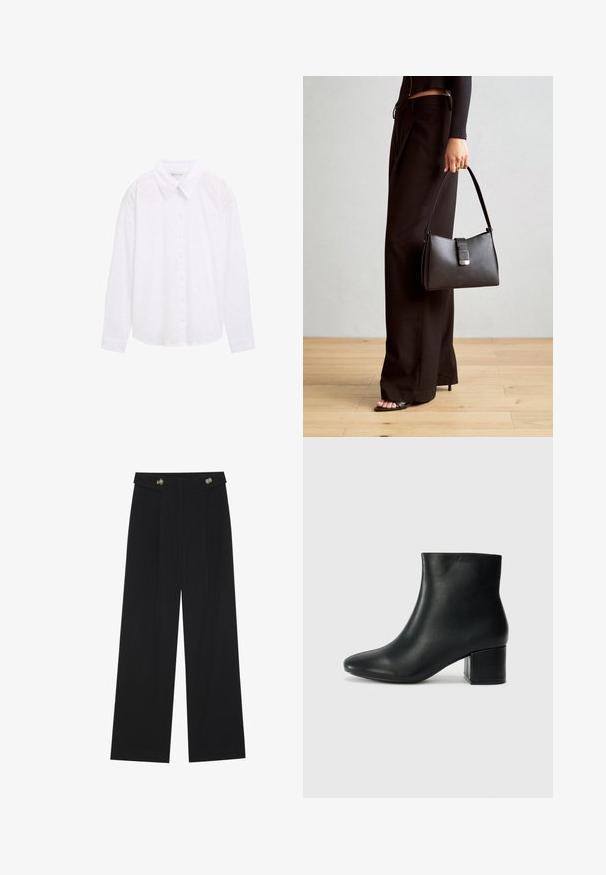 Cămașă albă cu guler, model texturat cu buline, și mâneci lungi, fabricată dintr-un material de bumbac ușor.; Pantaloni negri cu picioare largi, talie înaltă, detalii cu butoane pe talie și pliseuri în față.; Cizme negre din piele până la gleznă, cu vârf ascuțit și toc robust. Textură netedă, cu accente minime și un design elegant, ajustat.; Genți negre cu o formă structurată, textură netedă și un închizător metalic. Asortată cu pantaloni negri largi și sandale cu vârf deschis pe un podea din lemn.
