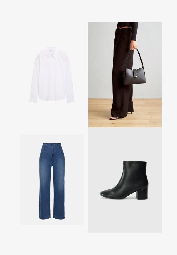 Bela srajca z gumbi in ovratnikom, z nezapletenim pikčastim vzorcem in dolgimi rokavi, izdelana iz lahkega bombažnega blaga.; Hlače iz jeansa z visokim pasom v srednje modri barvi. Imajo okrasne gumbe spredaj in širok kroj. Tkanina ima gladko teksturo z rahlim zbledelostjo.; Črne usnjene gležnjarje s koničastim nosom in debelim peto. Gladka tekstura z minimalnimi detajli in eleganten, prilegajoč dizajn.; Črna torbica z strukturirano obliko, gladko teksturo in kovinskim zaponko. Ujemajo se z širokimi črnimi hlačami in odprtimi sandali na lesenem tleh.