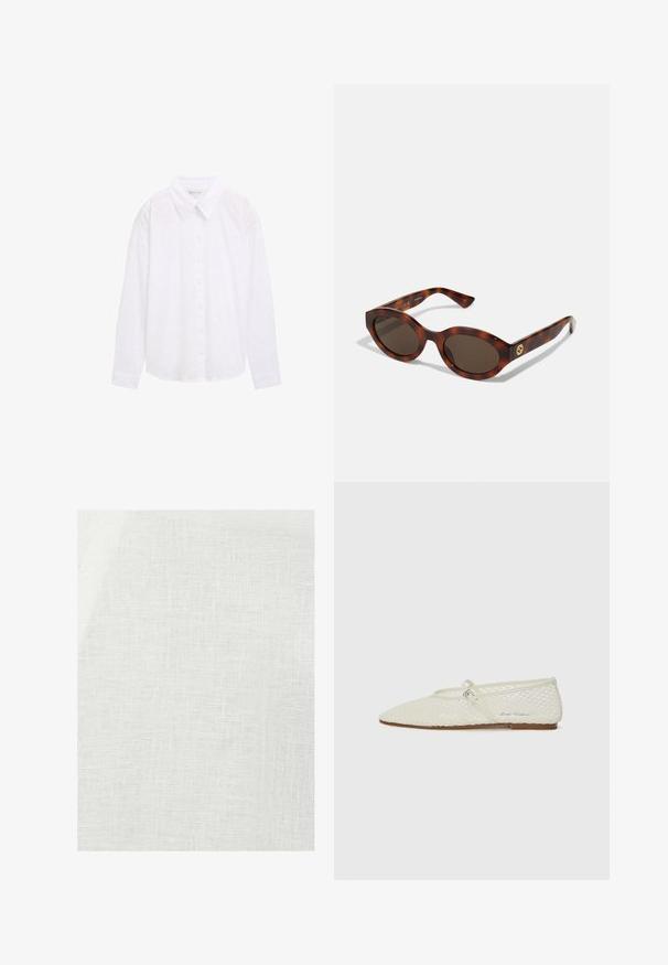 Bjela košulja na dugih rukava s ovratnikom, teksturiranom točkastom uzorkom i dugim rukavima, izrađena od lagane pamučne tkanine.; Bijela platnena tkanina s teksturiranim tkanjem, koja ima blago prozirni izgled i prirodne nepravilnosti kroz cijeli materijal.; Kremaste mrežaste baletanke s šiljastim prstom i podesivim remenom. Imaju teksturirani gornji dio i ravni smeđi potplat.; Tortna dioptrijske naočale s okruglim okvirom, tamnim sočivima i zlatnim logotipom na krakovima. Glatki plastični materijal, bez vidljivih uzoraka.; Smeškan smeđi kožni torbica u obliku trokuta. Ima pletenu ručku i patentni zatvarač na vrhu.