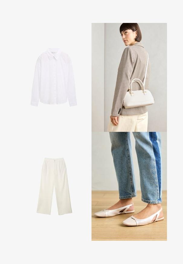 Hvid skjorte med knapper, kravehals, struktureret prikmønster og lange ærmer, lavet af letvægts bomuldsstof.; Bredde bukser i cremefarvet stof med en glat tekstur, der har en enkelt knap foran, diskrete folder og design med høj talje.; Lyserøde slingback flade sko med spidse tær, lavet af et glat læderlignende materiale. Har udskæringsdetaljer på siderne og en flad hæl.; Hvid struktureret taske med korte håndtag og en skulderrem, prydet med guldfarvede hardwaredetaljer og tekstureret materiale, præsenteret mod en grå baggrund.