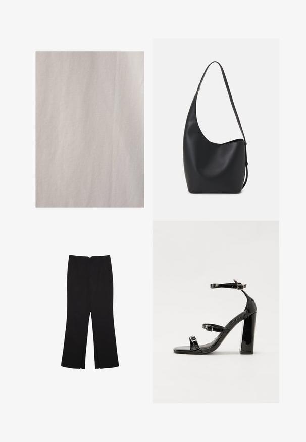 Touché Privé Blúzka so zapínaním na gombíky - Beige; Čierne nohavice so strihom rovného strihu, s prednými vreckami a bočnými rozparkami na leme. Vyrobené z mäkkej, hladkej tkaniny. Vhodné na rôzne príležitosti.; Čierne lakované sandále na podpätku so štvorcovou špičkou, navlečenými remienkami okolo členku a striebornými prackami. Disponujú masívnym blokovým podpätkom pre stabilitu.; Čierna kožená hobo taška so hladkou textúrou, zakriveným tvarom a jedným nastaviteľným popruhom; má široké otvorenie na vrchu.