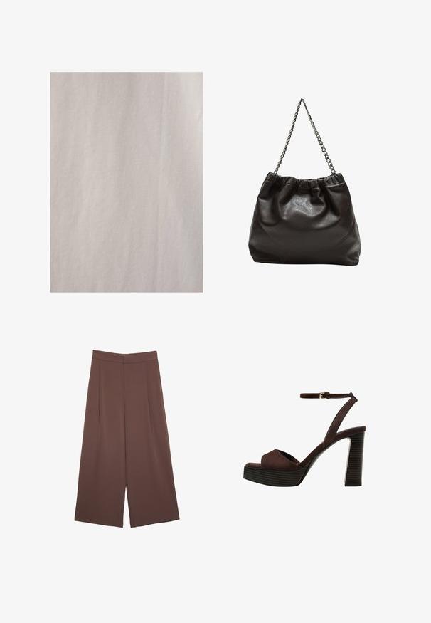 Touché Privé Blúzka so zapínaním na gombíky - Beige; Hnedé nohavice so širokými nohavicami a hladkou textúrou, s vysokým pásom a prednými skladmi. Tkanina je ľahká a voľne sa pohybuje.; Hnedé semišové sandále na vysokom podpätku s otvorenou špičkou, nastaviteľným členkovým remienkom a pruhovanou platformovou podrážkou.; Hnedá kožená taška so zberaným vrchom a reťazovým popruhom. Hladký povrch s lesklým finišom a jemným švom po stranách.