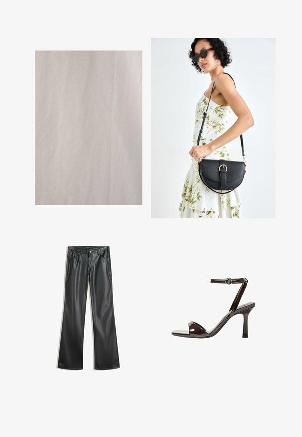 Touché Privé RIBBED - Cămașă - Beige; Pantaloni flared din piele ecologică neagră, cu o textură netedă, design cu cinci buzunare, fermoar frontal și cusături contrastante.; Sandale cu toc înalt din piele lacuită maro, cu bretele la gleznă, vârf deschis și un design elegant, minimalist. Dispune de un toc pătrat.; Geantă din piele neagră, cu o formă curbată, curea detașabilă și accesorii aurii. Geanta are un capac cu un detaliu tip cataramă.