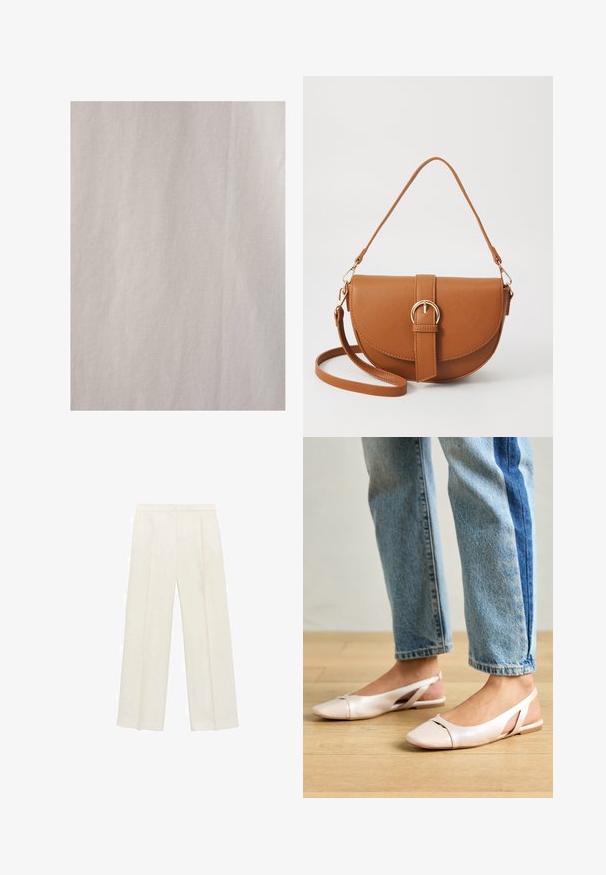 Touché Privé RIBBED - Paitapusero - Beige; Valkoiset leveälahkeiset housut vaaleassa kermassa. Valmistettu sileästä kankaasta, jossa on laskokset edessä ja sivutaskut.; Vaaleanpunaiset slingback-ballerinat, joissa on terävä kärki, valmistettu sileästä nahkamaisesta materiaalista. Sivujen leikkuuyksityiskohdat ja tasapohja.; Ruskean nahkainen olkalaukku, jossa on kaareva muoto, kultaiset yksityiskohdat ja solkiyksityiskohta. Varustettu irrotettavalla olkahihnalla.