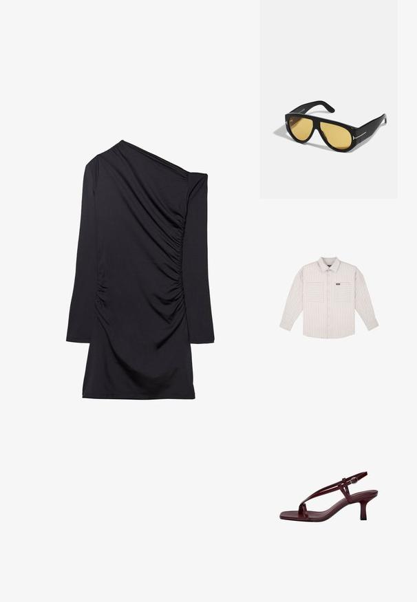 Camicia grigia chiaro a maniche lunghe con bottoni, a righe verticali. Presenta tasche sul petto e un colletto classico. Tessuto morbido con una vestibilità rilassata.; Abito nero con design monospalla, manica lunga e texture arricciata sul lato. Realizzato in tessuto morbido ed elastico.; Sandali con tacco alto color bordeaux con punta quadrata, cinturini sottili e fibbia alla caviglia. Texture in pelle liscia e tacco a blocco snodato.; Occhiali da sole neri con montatura geometrica, lenti gialle e dettagli dorati sulle stanghette. Texture liscia, forma ampia, design contemporaneo.; Orecchini color oro con una forma organica simile a un fagiolo e una superficie liscia e riflettente; presentano un design minimalista senza hardware visibile.