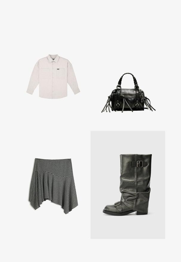Lichtgrijze, langemouwen button-up shirt met verticale strepen. Voorzien van borstzakken en een klassieke kraag. Zachte stof met een ontspannen pasvorm.; Grijs gestreepte rok met een asymmetrische zoom. Gemaakt van zachte stof, met een fitted tailleband en een vloeiende drape.; Zwarte faux leren enkellaars met een slordige schacht, een chunky hak en twee metalen gespen aan de zijkant voor detail.; Zwarte leren handtas met gevlochten handvatten, textuur op het oppervlak, ritsvak aan de voorkant en decoratieve franjes. Compacte en gestructureerde vorm.