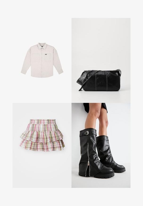 Light gray, long-sleeve button-up shirt with vertical stripes. Features chest pockets and a classic collar. Soft fabric with a relaxed fit.; Light pink tank top with gray trim and adjustable spaghetti straps, featuring a large, centered gray "adidas" logo. Cotton material.; Plissetted skirt with an elastic waistband, featuring a plaid pattern in pink, green, and brown hues. Lightweight cotton material.; Black leather knee-high boots with a wide shaft, featuring a side zipper and buckle accent, textured finish, and chunky rubber sole.; Black leather shoulder bag with a zip closure, featuring a textured body, white stitching, and a strap with silver grommets.