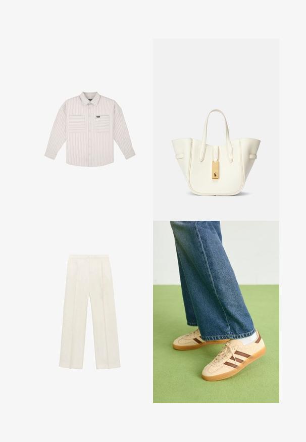 Světle šedá, dlouhá košile na knoflíky s vertikálními pruhy. Obsahuje náprsní kapsy a klasický límec. Měkký materiál s volným střihem.; Kalhoty s širokými nohavicemi v světle krémové barvě. Vyrobené z hladké tkaniny s záhyby vpředu a bočními kapsami.; Beige tenisky s texturovanými krémovými panely a hnědými pruhy, kombinované s modrými džínovými kalhotami. Džínsy mají široké nohavice a roztrhaný lem.; Bílá kožená taška přes rameno se strukturovaným tvarem, výrazným prošitím, zlatým kovovým štítkem a dvojitými uchy. Texturovaný povrch s bočními kapsami.