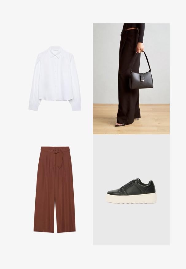 Biela dlhá košeľa s gombíkmi a špicatým golierom, s naberanými manžetami, vystavená na jednoduchej bielej ploche.; Hnedé široké nohavice vyrobené z látky, s opaskom so štvorcovou prackou, s nariaseným dizajnom a hladkou textúrou.; Čierne kožené tenisky s hladkým povrchom, hrubou krémovou podrážkou, okrúhlou špičkou a klasickým šnurovaním. Jemné detaily prešitia.; Čierna kabelka so štruktúrovaným tvarom, hladkou textúrou a kovovou sponou. V kombinácii so širokými čiernymi nohavicami a sandálmi s otvorenou špičkou na drevenej podlahe.