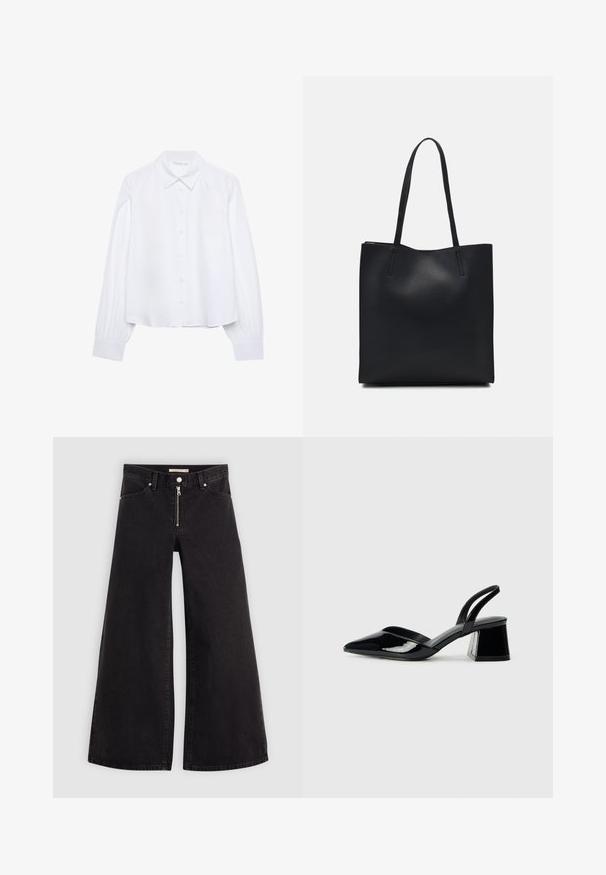 Bela dolgimi rokavi srajca z gumbi in koničastim ovratnikom ter nabranimi manšetami, prikazana na enobarvni beli podlagi.; Široke traperice iz črnega denima z zadrgo spredaj, petimi žepi in diskretnimi šivi. Gladka tekstura in ležeren slog.; Črne lakirane slingback pete s koničastim nosom in geometrijsko blokasto peto. Imajo eleganten, minimalističen dizajn in gladko teksturo.; Črna usnjena torba s svilnato teksturo, pravokotne oblike in dvema dolgima ročajema. Brez vidnih metalnih delov ali okrasnih elementov.