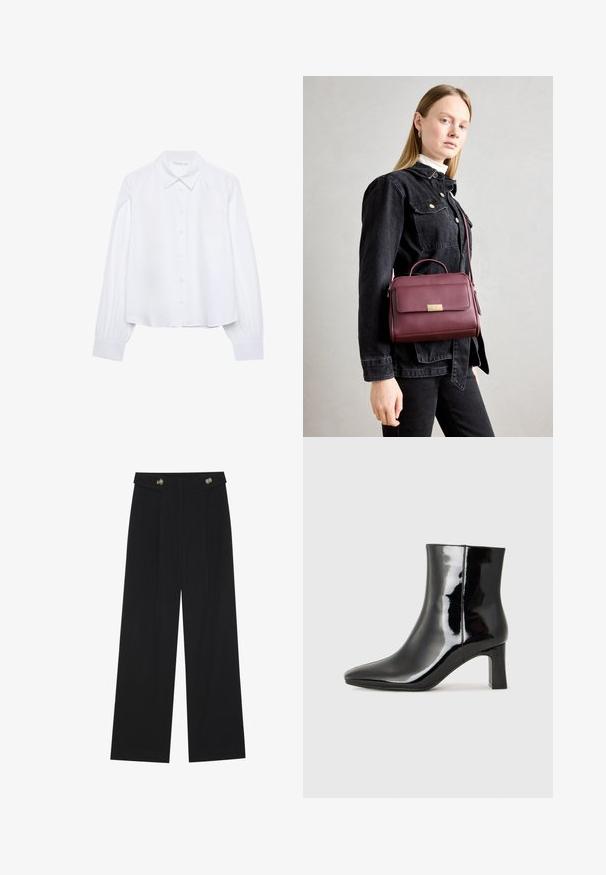 Camicia bianca a maniche lunghe con colletto a punta e polsini arricciati, mostrata su uno sfondo bianco semplice.; Pantaloni neri a gamba larga con vita alta, dettagli con bottoni in vita e pieghe frontali.; Stivaletto in pelle verniciata nera con punta a punta e tacco a blocco di altezza media. Texture liscia e design minimalista.; Borsa a mano in pelle borgogna con chiusura in oro, forma strutturata, manico superiore e tracolla regolabile. Il modello indossa una giacca di denim.