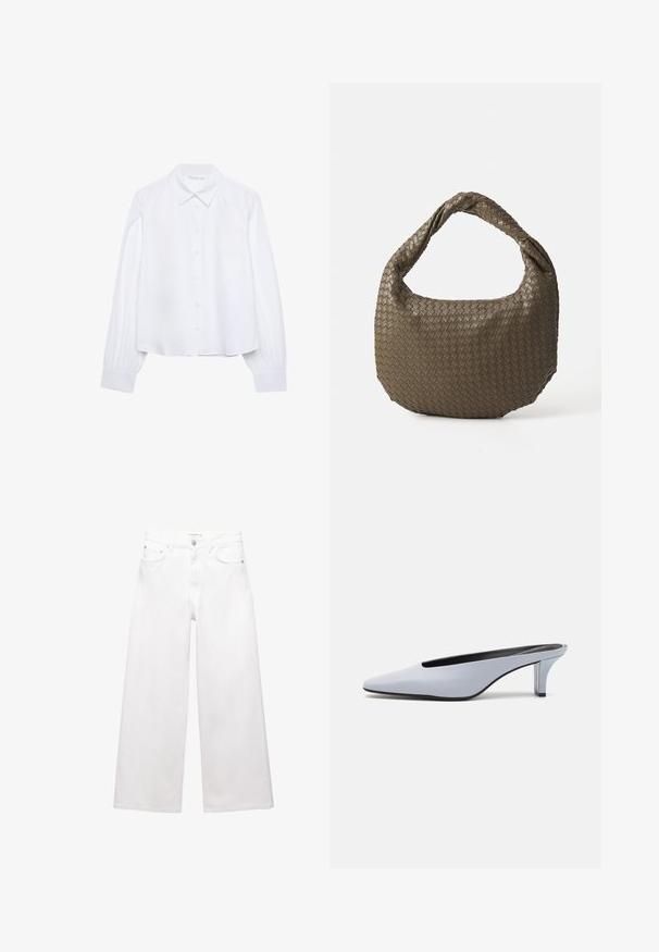 Camicia bianca a maniche lunghe con colletto a punta e polsini arricciati, mostrata su uno sfondo bianco semplice.; Jeans bianchi a gamba larga in cotone, caratterizzati da un'alta vita, design a cinque tasche e dettagli in ottone. Texture liscia e non trattata.; Mule in pelle lucida blu chiaro con punta affusolata, tacco trasparente basso e design elegante caratterizzato da un'apertura sulla parte superiore.; Borsa in oliva intrecciata con forma arrotondata e manico attorcigliato. La superficie testurizzata presenta un motivo diagonale. Chiusura con cerniera.