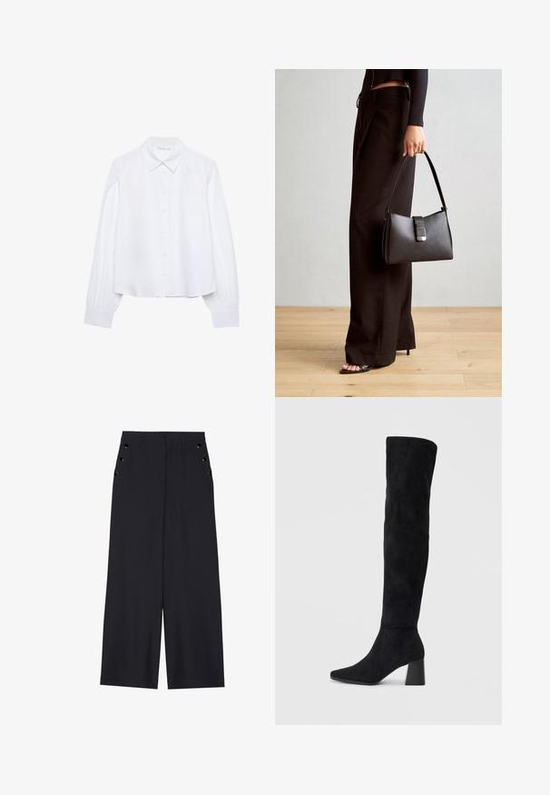 White long-sleeve button-up shirt with a pointed collar and gathered cuffs, displayed on a plain white background.; Wide-leg trousers in dark navy fabric, featuring a smooth texture, front pleats, and decorative gold-tone eyelets on the side pockets.; Black suede knee-high boot with block heel, pointed toe, and smooth, seamless design on a plain light background.; Black handbag with structured shape, smooth texture, and a metallic clasp. Paired with wide black pants and open-toe sandals on wooden floor.