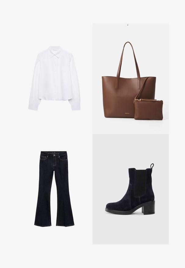 Bílá košile s dlouhým rukávem a knoflíkovým zapínáním, s špičatým límcem a nařasenými manžetami, vystavená na jednobarevném bílém pozadí.; Tmavě modré denimové džíny s vysokým pasem, předními kapsami a rozšířenými nohavicemi, vystavené na bílém pozadí.; Námorně modré semišové kotníkové boty s elastickým bočním panelem, kulatou špičkou a blokovým podpatkem. Texturovaná tkanina a hladká podrážka vytvářejí kontrast.; Hnědá taška z umělé kůže s dvěma dlouhými uchy a odpovídajícím malým pouzdrem. Povrch má texturovaný vzor a zlaté kovové prvky.
