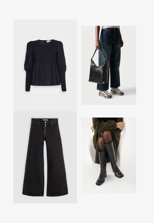 Gestuz MORIANA SOLID BLOUSE - Blusa - black; Calças de ganga de perna larga em denim preto com fecho éclair à frente, design de cinco bolsos e detalhes de costura subtil. Textura suave e estilo casual.; Botas de couro pretas até ao joelho com biqueira quadrada e salto em bloco, apresentadas com um modelo sentado num casaco verde-azeitona. Textura lisa, com detalhes mínimos.; Bolsa de ombro em couro preto com textura suave e alça ajustável, combinada com jeans de perna larga desbotados e ténis desportivos.