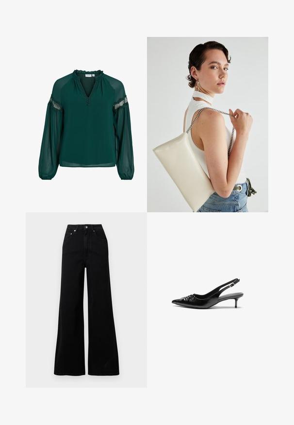 Dark green blouse made of lightweight fabric, featuring a ruffled neckline, lace accents on sleeves, and a loose fit with gathered cuffs.; Black wide-leg jeans made from denim, featuring a high waist, five pockets, front button closure, and minimal stitching details.; Black leather slingback heels with a pointed toe, low kitten heel, and gathered detail on the vamp. Smooth texture and minimalist design.; White rectangular clutch bag made of glossy material, featuring a silver chain strap. Model poses, showcasing the bag against a plain background.