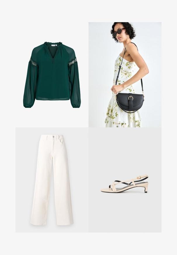 Blusa verde scuro in tessuto leggero, con un colletto arricciato, dettagli in pizzo sulle maniche e una vestibilità ampia con polsini arricciati.; Jeans a gamba larga realizzati in denim bianco sporco, caratterizzati da una chiusura frontale con bottone, due tasche laterali e linee pulite senza decorazioni.; Sandalo slingback in pelle beige con cinturini incrociati, tacco basso e dettagli neri. Texture liscia e design minimalista.; Borsa a tracolla nera in pelle con una forma curva, manico rimovibile e accessori dorati. La borsa presenta una patta con un dettaglio a fibbia.
