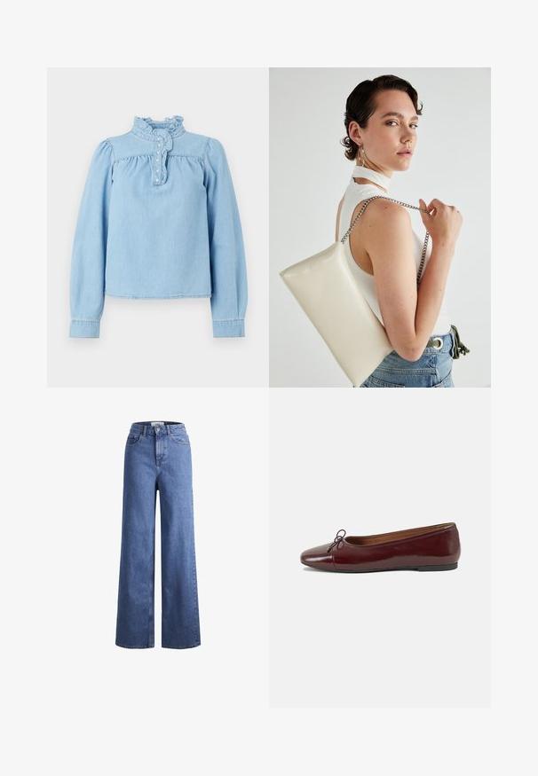 Lyseblå denimbluse med volangkrage, frontknapping og lange pufferm. Glatt tekstur med rynkedetaljer.; Lyseblå denim vide benbukser med høy midje, to frontlommer og synlig søm. Har knapp- og glidelås-lukking.; Burgunderrød lakk lær ballettleilighet med rund tå, liten sløyfe foran og en lav, svart gummisåle. Glatt tekstur.; Hvit rektangulær clutch-veske laget av blankt materiale, med en sølvkjede-stropp. Modellen poserer og viser vesken mot en ensfarget bakgrunn.