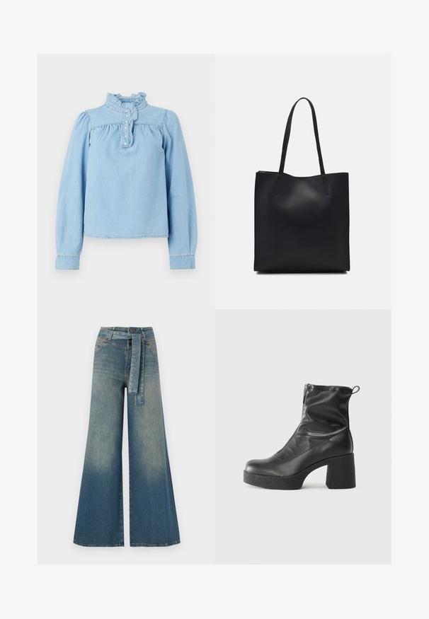 Svijetloplava traper bluzica s volanima oko ovratnika, prednjim dugmadima i dugim napuhanima rukavima. Glatka tekstura s nabranim detaljima.; Široke jeans hlače z gradientom od svetlo do temno modre, visokim pasom, zankami za pas in pasom iz istega materiala. Tekstura denim končnica.; Črne gležnjarje iz gladke kože z božnim zadrgo, masivnim teksturiranim peto in zaobljeno obliko prstov.; Črna usnjena torba s svilnato teksturo, pravokotne oblike in dvema dolgima ročajema. Brez vidnih metalnih delov ali okrasnih elementov.