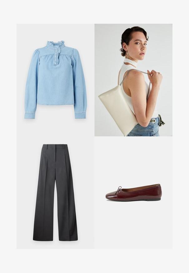 Blusa in denim azzurro chiaro con colletto arricciato, patta frontale con bottoni e maniche lunghe a sbuffo. Texture liscia con dettagli arricciati.; Pantaloni a gamba larga in tessuto grigio scuro, con vita alta, pieghe singole e una texture liscia con una finitura pulita sui orli.; Ballerine in pelle verniciata bordeaux con punta arrotondata, piccolo fiocco decorativo sulla parte anteriore e suola bassa in gomma nera. Texture liscia.; Borsa a pochette rettangolare bianca realizzata in materiale lucido, con una tracolla in catena argentata. Il modello posa, mostrando la borsa su uno sfondo semplice.