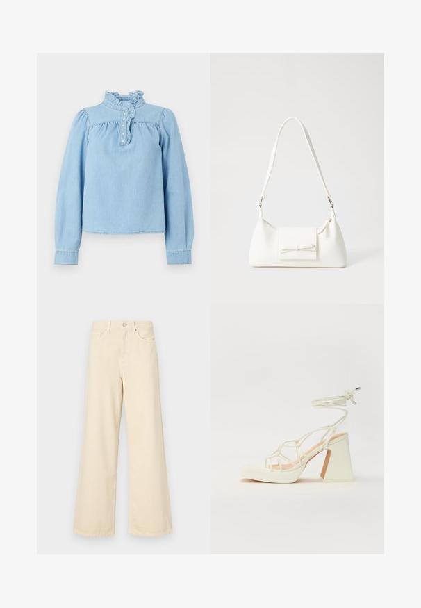 Blusa de denim azul-claro com gola franzida, pregas frontais com botões e mangas longas em balão. Textura suave com detalhes franzidos.; Jeans de perna larga bege feitos de algodão. Apresentam um fecho de botão, passadores para cinto e bolsos frontais com uma textura lisa e suave.; Sandálias brancas de salto alto com um salto robusto, apresentando um design com tiras e amarração no tornozelo. Textura suave com uma plataforma na frente para altura adicional.; Mala sintética branca com formato triangular, aba frontal plana e detalhe de laço, alça ajustável, textura suave e design minimalista.