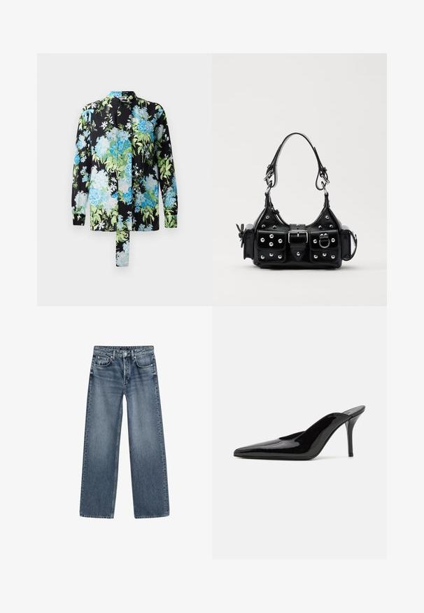 Kwiatowa bluzka z czarnym tłem, na którym znajdują się niebieskie i zielone wzory kwiatowe, z długimi rękawami i stójką. Posiada szczegół w postaci wiązania.; Jeansy o wysokim stanie i szerokich nogawkach w średnim niebieskim denimu z wyblakłym wykończeniem, z pięcioma kieszeniami i zapięciem na guzik w kolorze srebrnym.; Czarne lakierowane mule na wysokim obcasie z wąskim noskiem i elegancką sylwetką, charakteryzujące się otwartym tyłem i smukłym szpilką.; Czarna skórzana torebka w zakrzywionym kształcie, z srebrnymi ćwiekami, klamrą i dwoma bocznymi kieszeniami. Regulowany pasek umożliwiający różne opcje noszenia.; Srebrne kolczyki o spiczastym wzorze; jeden kolczyk ma kształt litery C, połączony łańcuszkiem z okrągłym kółkiem z kolcami.