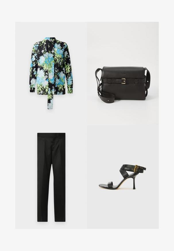 Bloes met bloemenpatroon op een zwarte achtergrond in blauwe en groene kleuren, lange mouwen en een staande kraag. Inclusief een strikdetail.; Zwarte broek van soepele stof, met een nauwsluitend ontwerp, rechte benen en een platte tailleband zonder zichtbare sluitingen of zakken.; Zwarte hoge hak sandaal met gekruiste bandjes en verstelbare gespsluiting. Heeft een gladde textuur en een taps toelopende stilettohak.; Zwarte leren handtas met een gestructureerde vorm. Voorzien van een gouden gespaccent, verstelbare schouderriem en een gladde textuur. Minimalistisch ontwerp.