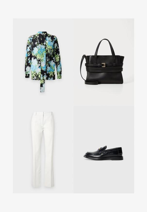 Bloes met bloemenpatroon op een zwarte achtergrond in blauwe en groene kleuren, lange mouwen en een staande kraag. Inclusief een strikdetail.; Witte op maat gemaakte broek met een uitlopende onderkant, met voorplooien en een gladde textuur, gemaakt van een lichtgewicht stof.; Zwarte leren instapper met een gestikt ontwerp, een kleine voorklep en een platte rubberen zool. Glad textuur met goudkleurige hardware accent.; Zwarte leren handtas met gestructureerd ontwerp, dubbele handvatten bovenaan, afneembare schouderband en gouden gespaccent op een horizontale band.