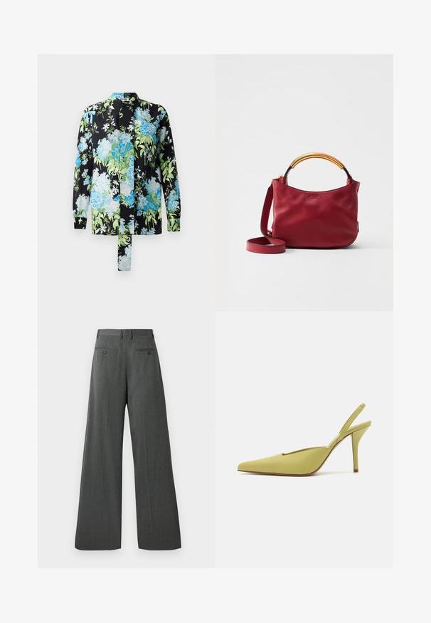 Květinová blůza s černým pozadím a modro-zelenými květinovými vzory, dlouhými rukávy a stojáčkovým límcem. Zahrnuje detaily se zavázáním.; Kalhoty s širokými nohavicemi v tmavě šedé barvě. Mají hladký povrch, dvě zadní kapsy se zapínáním na knoflíky a klasický pas.; GIABORGHINI OCTAVIE - Lodičky na vysokém podpatku - green; Červená kožená kabelka s prohnutou zlatou rukojetí a nastavitelným ramenním popruhem, která se vyznačuje hladkým povrchem a minimalistickým designem.