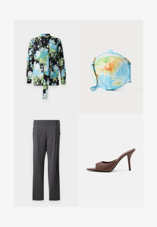 Bluză florală cu un fundal negru și modele florale albastre și verzi, cu mâneci lungi și guler în picioare. Include un detaliu cu un șnur.; Pantaloni gri, ajustați, cu design drept, pliuri frontale și butoni decorativi pe laterale pentru un plus de detaliu. TEXTURA netedă a țesăturii.; Mule-uri din piele maro, cu vârf deschis și toc înalt, cu un design elegant, având o curea frontală lată și un toc subțire de tip stiletto.; Geantă rotundă tip crossbody, asemănătoare unui glob pământesc, cu bază albastru deschis și hartă detaliată în tonuri de verde, portocaliu și albastru; accente hardware aurii.