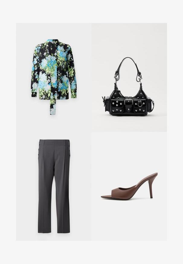 Bluză florală cu un fundal negru și modele florale albastre și verzi, cu mâneci lungi și guler în picioare. Include un detaliu cu un șnur.; Pantaloni gri, ajustați, cu design drept, pliuri frontale și butoni decorativi pe laterale pentru un plus de detaliu. TEXTURA netedă a țesăturii.; Mule-uri din piele maro, cu vârf deschis și toc înalt, cu un design elegant, având o curea frontală lată și un toc subțire de tip stiletto.; Geantă de piele neagră cu un design curbat, dotată cu studuri argintii, o cataramă și două buzunare laterale. Curea ajustabilă pentru opțiuni de transport.