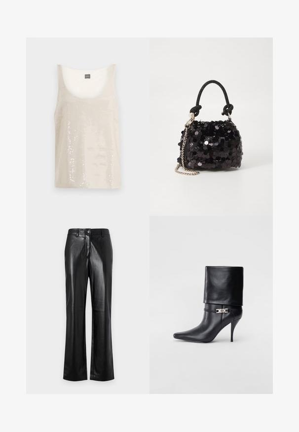 Bežs topiņš ar izgriezumu, pārklāts ar atstarojošiem lipekļiem. Gluda iekšējā odere komfortam, paredzēts ikdienas valkāšanai.; Melnas ādas bikses ar taisnu kāju dizainu, ar priekšējo pogu aizdari, jostas cilpiņām un gludu, spīdīgu tekstūru.; Melnas ādas potīšu zābaki ar smailu purngalu, augstu stiletto papēdi, salocītu aproci un zeltītu dekoratīvu sprādzi uz potītes.; Melna spīguļota mini rokas soma ar mezglotu teksturētu siksniņu un sudraba ķēdi. Apaļa forma ar sakopotām malām un atstarojumu detaļām.