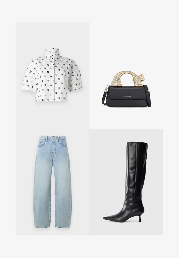 Balta katė trumpomis rankovėmis, pagaminta iš medvilnės, su pasikartojančiu juodu grafikų raštu, kuriame pavaizduoti veidai su akinių nuo saulės. Su mygtukų apykakle.; Juodas raukinėmis suknelė, pagaminta iš tekstūruoto audinio, su keliais sluoksniais ir susiraukšlėjusia apykakle, sukurianti apimtį turinčią siluetą.; Šviesiai mėlyno denim tipo plačių kojų džinsai su aukšta juosmens linija, šiek tiek išblukę, penkiomis kišenėmis ir auksinės spalvos detalėmis. Hemas tiesus ir nepabaigtas.; Juodai odiniai iki kelių batai su smailiu pirštu ir plonu lenktu kulnu. Lygus paviršius, prigludęs dizainas ir be matomų detalijų ar raštų.; Juodas odinis rankinukas su auksine katės formos rankena, turintis priekinę atvartą, reguliuojamą diržą ir logotipo detalę apatiniame priekyje.