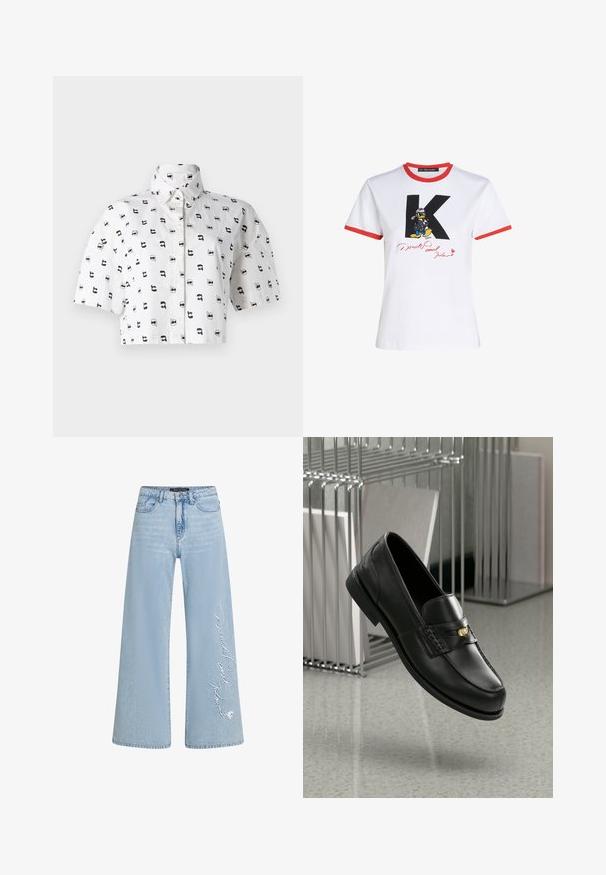 Kratka majica s kratkimi rokavi iz belega bombaža z večkrat ponavljajočim se črnim grafičnim vzorcem obrazov v sončnih očalih. Kragen z gumbi.; Bela bombažna majica s rdečim ovratnikom in robovi rokavov. Ima črno grafiko 'K' in Donalda k Ducka s podpisom v rdeči barvi.; Svjetloplave traperice širokih nogavica s izvezenim tekstom "Donald i Daisy" na lijevoj nogavici. Sadrži klasičan dizajn s pet džepova i petlje za remen.; Črne usnjene loafer čevlje z gladko površino, ki imajo dekorativen trak in majhen zlati akcent. Podplat je raven z zaobljenim prstom.