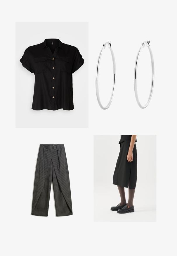 Camicia nera a maniche corte con bottone, dotata di due tasche sul petto, tessuto morbido, orlo arrotondato e bottoni dorati. Design classico a vestibilità ampia.; Maglietta a maniche lunghe di colore marrone scuro, realizzata in un tessuto morbido ed elastico. Presenta un colletto rotondo e una vestibilità aderente. L'etichetta reca la scritta "WEEKDAY."; Pantaloni grigi a righe con una vestibilità rilassata, dotati di chiusura con un solo bottone, pieghe e design a gamba larga.; Gonna nera alla lunghezza del ginocchio con spacco laterale, abbinata a mocassini neri e collant trasparenti marroni, caratterizzata da un tessuto liscio e un design semplice.; Orecchini a cerchio in argento con una superficie liscia e lucida e una forma circolare sottile. Il design presenta una chiusura sicura.