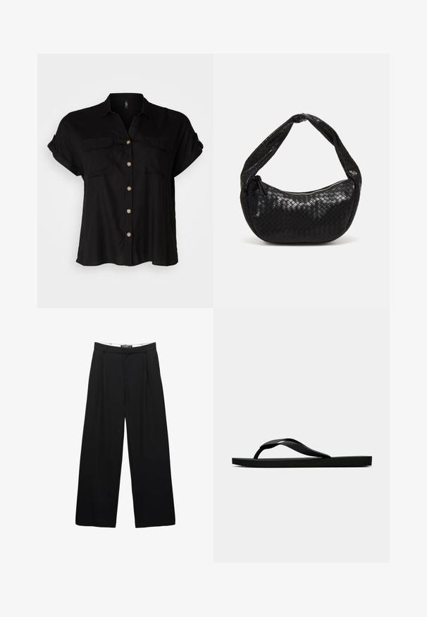 Mustat lyhythihaiset napitettava paita, jossa on kaksi rintataskua, pehmeää kangasta, pyöristetty helma ja kultasävytteiset napit. Klassinen löysä malli.; Valkoiset leveälahkeiset housut, jotka on valmistettu sileästä kankaasta. Sisältää etupleikkeet, vyötärön, jossa on vyölenkit, ja kauttaleikattu siluetti.; Musta kumisaapas sandaali, jossa on teksturoitu thong-hihna ja yksinkertainen litteä pohja, esitetty sivustolta vaalealla taustalla.; Mustan kudottu nahkalaukku, jossa on kaareva muotoilu, paksu kahva ja vetoketjusulku. Teksturoitu pinta, jossa on kiiltävä vi viimeistely.