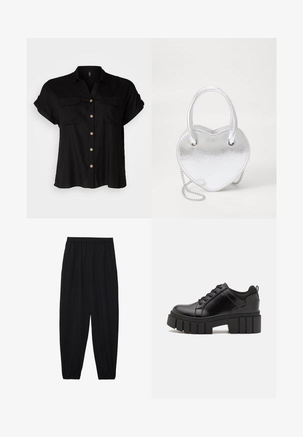 Must sherghid särg lühikeste varrukatega, kahe rinna-taskuga, pehmest kangast, ümarate servadega ja kuldsete nupudega. Klassikaline laia lõikega disain.; Mustad, kerge kangas püksid elastse vöökoha ja kokku volditud pahkluudega. Kanga pind on sile ja disain on lõdvestunud, kitsenev.; Must musta platvormsussid paksu plokkninal, ümmarguse varbaga ja traditsioonilise nööridega kinnitamisega. Sussid on sileda tekstuuriga ja minimaalsete detailidega.; Hõbedane metallik südamekujuline käekott, millel on kaks käepidet, ahelast rihm ja sile tekstuur. Omab metalset riistvara ja õmblustega servi.